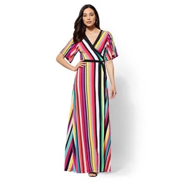 New York & Company Multicolor Striped Short Sleeve Stretch Maxi Wrap Dress Sz M - Picture 2 of 6